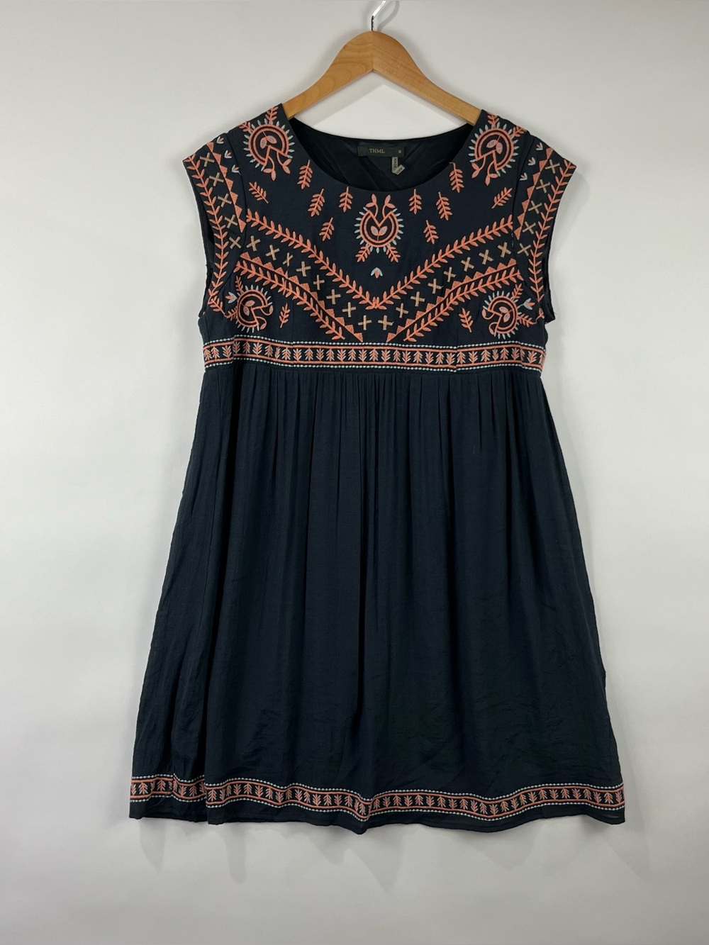 THML Embroidered Boho Babydoll Dress Lined Flowy Sleeveless Medium
